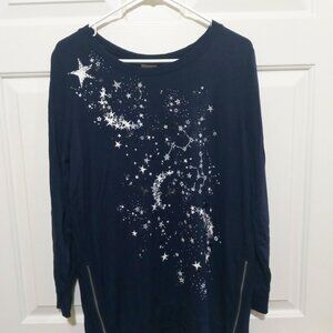 Chico's Navy Blue Tunic Top Galaxy Print Stars & Sequins